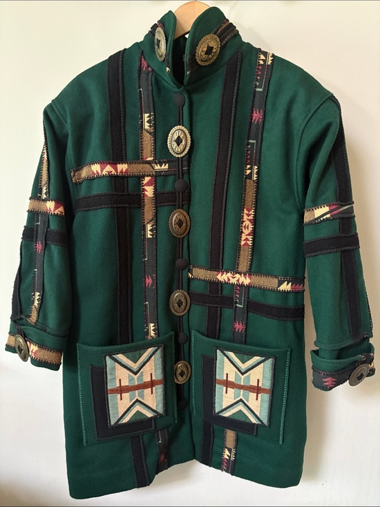 Coloratura Jackets & Blazers - Coloratura Wool Green Patterned Jacket w Tribal Patch Pockets Small / Medium
